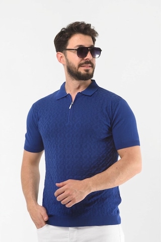 Onno Pamuklu Fermuarlı Desenli Triko Tshirt Mavi