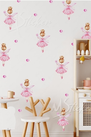 MSticker Minik Peri Kızı Balerin Yıldızlar Ve Puantiyeler Çocuk Bebek Odası Duvar Cam Sticker Seti