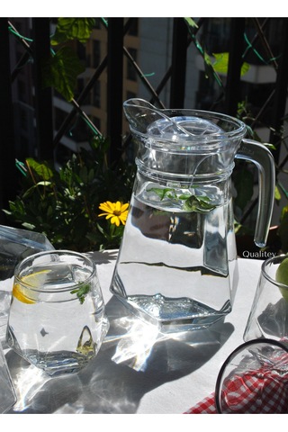 7 Parça Cam Bardak Ve Kapaklı Sürahi Seti 1,2 Lt Su Şişe