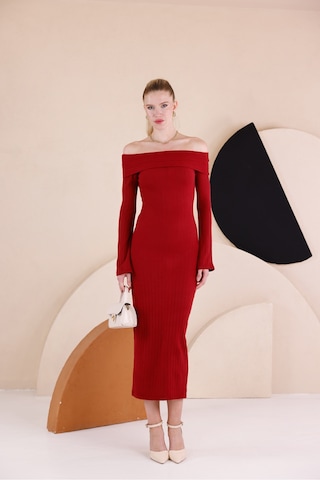 Madonna Yaka Dar Kalıp Uzun Kollu Elbise Bordo
