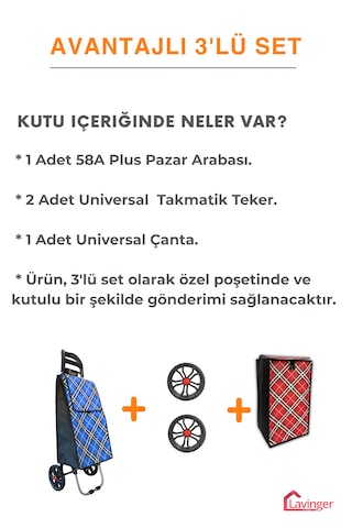 Pazar Arabası Plus Avantajlı 3' Lü Set Pazar Arabası + Yedek Tekeri + Yedek Çantası. Mavi