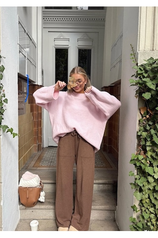 Nilza Pembe Yumuşak Dokulu Bisiklet Yaka Oversize Triko Kazak Pembe