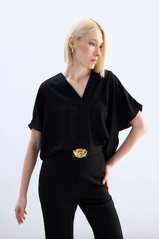 Sateen Geniş Kısa Kollu Bluz - Siyah-136758 Siyah