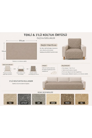 Sycamore Home Tekli Koltuk Örtüsü 110x175 Cm 3 Lü Koltuk Oturma Yeri Örtüsü Şönil Jakarlı Kaymaz Yıkanabilir Koltuk Örtüsü Antrasit