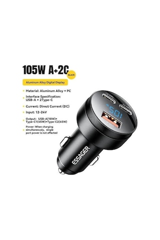 Monyee Essager 105w Süper Hızlı Şarj 2c+a Üç Portlu Alüminyum Sayısal Göstergeli Araç İçi Telefon Şarj Cihazı Siyah Siyah