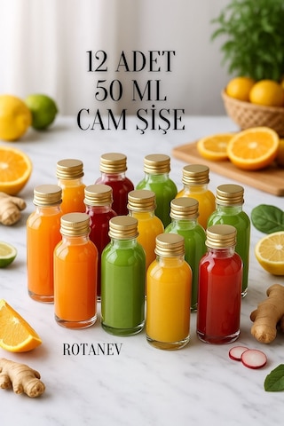 Rotanev 12 Adet Şeffaf Cam Shot Şişesi 50 ML Sızdırmaz Gold Metal Kapaklı+Huni