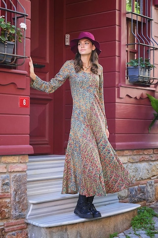 Yeşil Pera Desenli Uzun Kollu Kışlık Patch Elbise 001