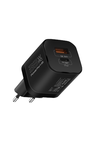 Promate PowerPort-33 Gan 33W Qualcomm Süper Hızlı Type-C PD , USB Ultra Kompakt Duvar Şarj Cihazı, Aşırı Gerilim Koruması