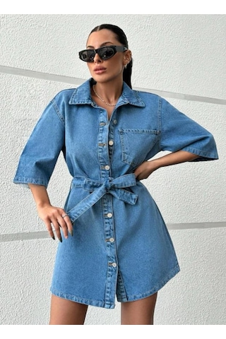 Shevega Kadın Mavi Kuşakli Tek Cep Kısa Kot Elbise Açık Mavi