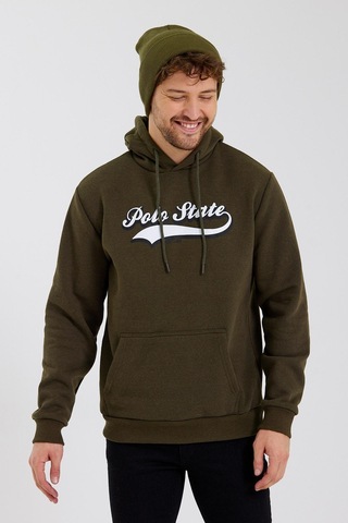 Erkek 3 İplik Pamuklu İçi Polarlı Baskılı Regular Fit Kapüşonlu Kanguru Cepli Haki Sweatshirt Haki