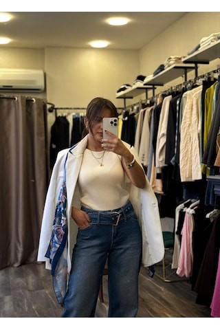 Beli Kemer Detay Bol Paça Kadın Jean Mavi