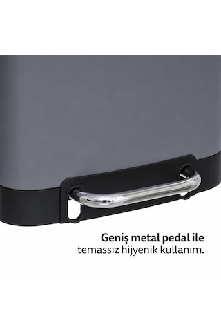 Ariane Metal Pedallı Antrasit 30 L Çöp Kutusu, Çıkarılabilir Kova, Poşet Sabitleme, Geniş Pedal Antrasit Gri