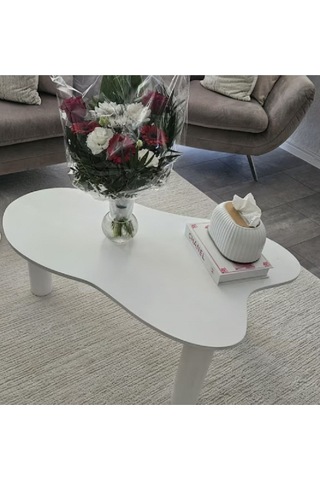 Asimetrik 90x90 Cm Modern Ahşap Ayaklı Orta Sehpa Beyaz