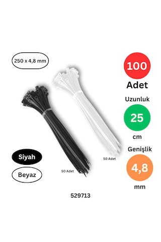 Plastik Kablo Bağı Klipsi Cırt Kelepçe 250 Mm X 4.8 Mm 50 Şer Adet Siyah Beyaz Set Toplam 100 Adet Diğer