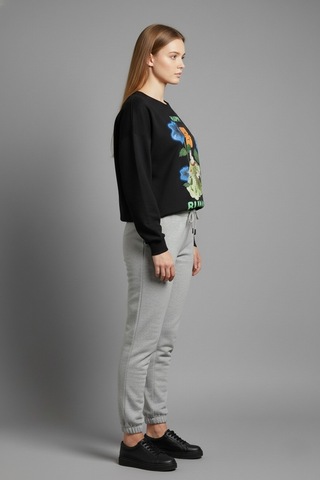 The Kadın Happy Bunny Baskılı %100 Pamuk 3 İplik Şardonsuz Sweatshirt - Bisiklet Yaka Basic Üst Siyah
