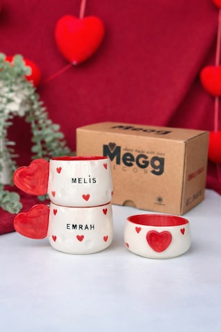 İsme Özel Kalp Seti 2 Adet Mug & 1 Adet Kase Kırmızı Beyaz