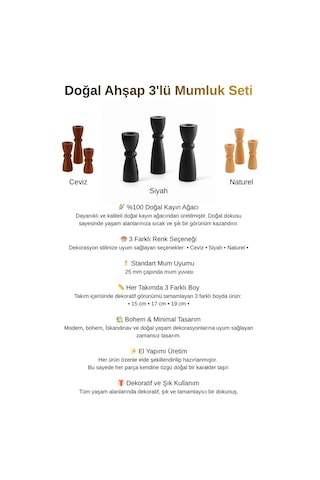 Doğal Ahşap 3'lü Mumluk Şamdan Seti - Kayın Ağacı Bohem Dekoratif Mumluk- Ceviz Ceviz