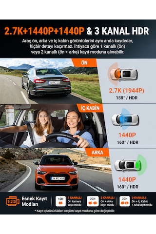 Vantrue Nexus N4s 3 Kameralı 2.7k Qhd Wi-Fi Araç Kamerası