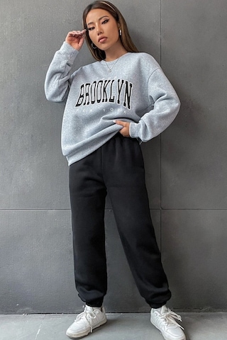 1898 Brooklyn Eşofman Takımı Sweatshirt Jogger - Gri Siyah Baskılı Oversize Şardonlu Bisiklet Yaka Gri