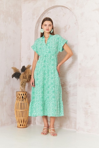 Kadın Gömlek Yaka Kısa Kollu Yeşil Elbise Dm1044 Yeşil