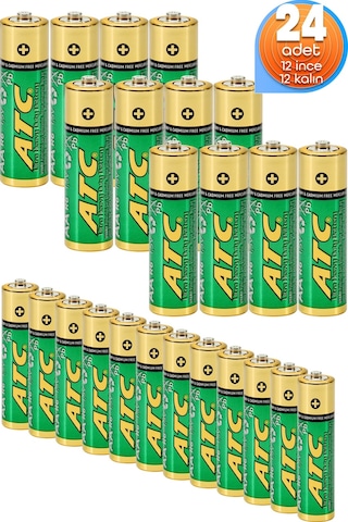 Atc 24lü 12aa + 12aaa İnce Ve Kalın Kalem Pil Seti Saat R03 Ve R6p Pili Çinko Karbon Pil Zn-c 1.5v