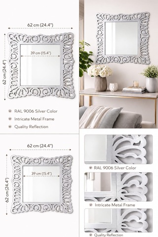 Silver Renkli Lazer Kesim Desenli Dekoratif Duvar Çerçeveli Ayna Gümüş
