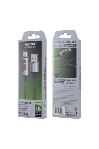 Wk Wdc-107 3a Akıllı Dijital Ekran Usb Tip-c Hızlı Şarj Veri Kablosu, Uzunluk: 1.2m Siyah