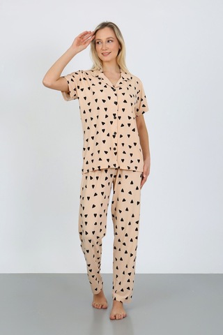 Nisanca Kısa Kollu Milan Gömlek Pijama Takımı- Genç Anne Serisi Bej