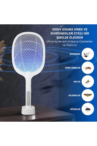 Polham 1200mah Şarjlı 3000v Süper Güçlü Sivrisinek Öldürücü, 2in1 Taşınabilir Ve Standlı Sinek Öldürücü 1 Adet