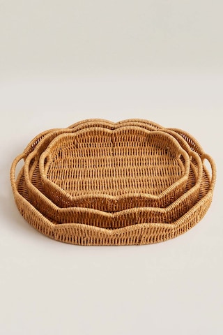 Oval Rattan Örme 3'lü Dekoratif Sunum Tepsisi Seti Sarı