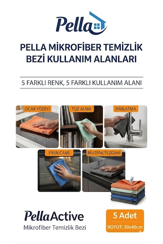 Pella Active Mikrofiber Temizlik Bezi 5'li Paket 30x40 Cm Turuncu - Turkuaz - 2 X Gri - Lacivert