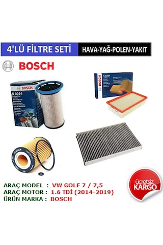 Vw Golf 7 1.6 Tdi Filtre Bakım Seti 2013-2020 4'lü Set Hava + Yağ + Polen + Mazot