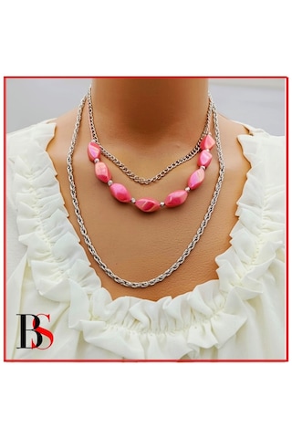 Pembe Boncuk Dorika Aparat Çok Sıralı Kadın Kolye