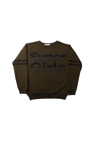 Toontoy Kız Çocuk Sweatshirt Super Girls Baskı Ve Taş Haki