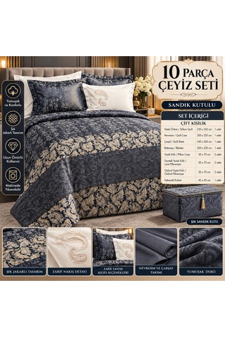 Slc Home 10 Parça Lüx Çeyiz Seti, % 100 Pamuk Nevresim, Kaşmir Battaniye, Yatak Örtüsü, Oxford Yastık Kılıfları,volanlı Yastık Kılıfı Lüx Tasarım Bej - Kahve