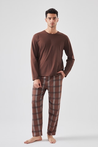 Erkek Pamuklu Uzun Kollu Ekose Desenli Pijama Takımı Ke77614 Kahverengi
