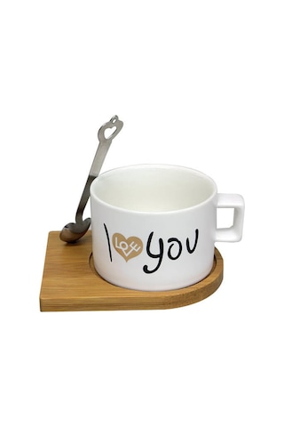 Kupa Bardak Kahve Kupası Love Kaşıklı Ahşap Altlık Mıkantıslı