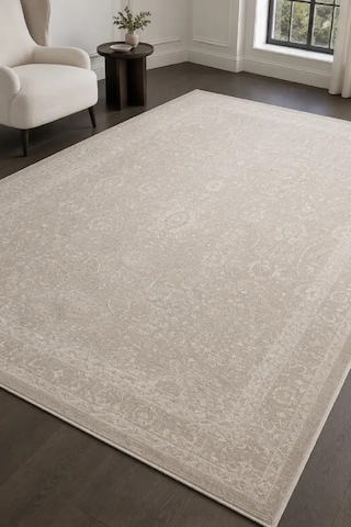 Zes Collection Modern Vintage Desenli Eskitme Dokuma Yumuşak Salon Halısı Bej - Krem
