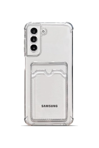 Samsung Galaxy Uyumlu S21 Plus Kapak Kamera Korumalı Kartlıklı Darbe Emici Özellikli Şeffaf Silikon Kılıf Şeffaf