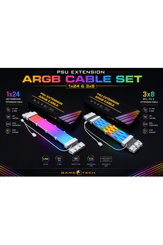 Gametech A-rgb Sleeved Kablo Set Rgb Uzatma Kablo 1x24 Pin Anakart + 3x8 Pin Ekran Kartı