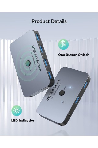 Usb Anahtarı 3.0 Kvm Anahtarı, Alüminyum Usb Değiştirici 2 Bilgisayar Paylaşım 4 Usb Aygıtı Pc Yazıcı Tarayı