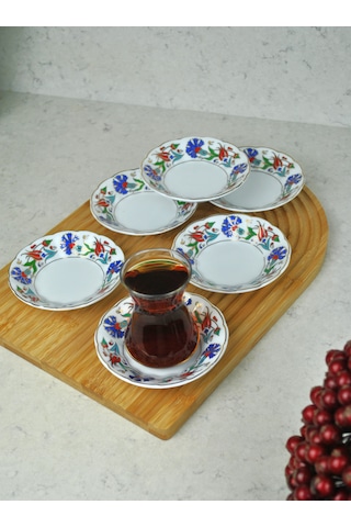 6'lı Porselen Çay Tabağı Lale Motifli Osmanlı Deseni Beyaz - mavi