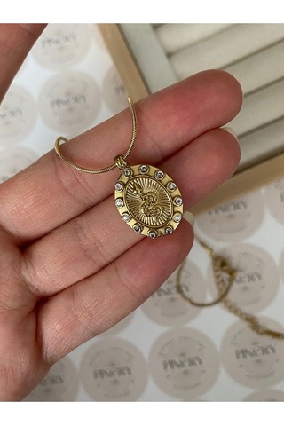 Oval Taş Işlemeli Yılan Paslanmaz Çelik Kararmaz Kadın Kolye Mo Altın