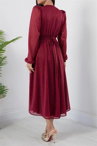 Neşeli Butik Kadın Kemer Ve Vatka Detaylı Simli Midi Elbise Rymy3590 Bordo