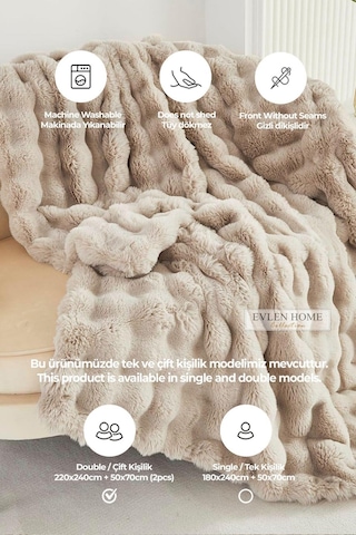 Kürk Yatak Örtüsü Çift Kişilik Dolgulu Peluş Yumuşak Çift Taraflı Yorgan 3 Parça Loria Bej Bej