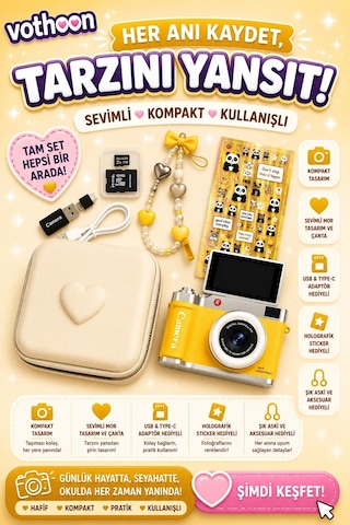 4k Çantalı Dijital Retro Video Kamera 48mp 16x Zoom Işıklı 32gb Kart Dijital Fotoğraf Makinesi Sarı