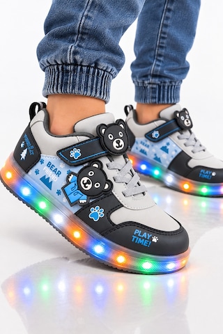 Kid's World Erkek Çocuk Işıklı Spor Ayakkabı Ayıcıklı Cırtlı Led Tabanlı Günlük Okul Ayakkabısı Gri