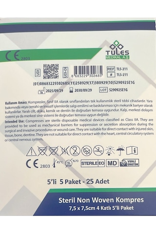 Tules Steril Non Woven Kompres Spanç 7,5 X 7,5cm 4 Katlı 5 'li 25li Paket- 25 Adet