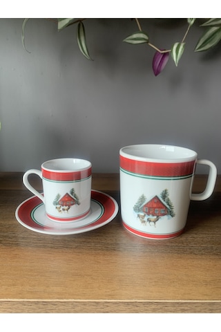 Yeni Yıl-noel Geyikli Ev Model 6 Parça 2 Kişilik Kupa Ve Türk Kahvesi Fincanı Takımı Çok Renkli