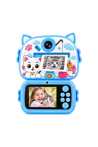 BLUE-5 Anında Baskılı Çocuk Fotoğraf Makinesi ,kedi Desenli, Mürekkepsiz Termal Baskılı Dijital Kamera -1803